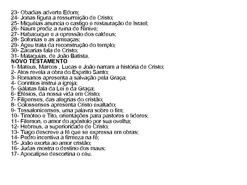 23 - Obadias adverte Edom; 24 - Jonas figura a ressurreição de Cristo; 25