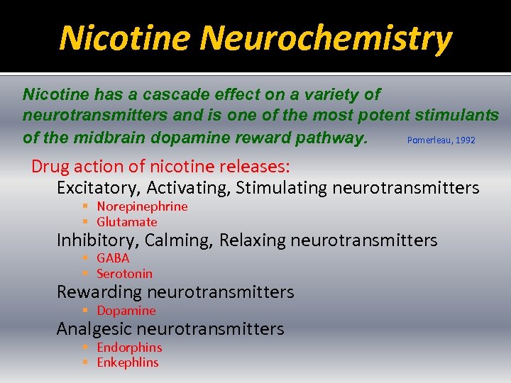 Nicotine Neurochemistry Nicotine has a cascade effect on a variety of neurotransmitters and is