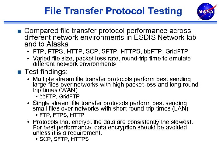 File Transfer Protocol Testing Compared file transfer protocol performance across different network environments in