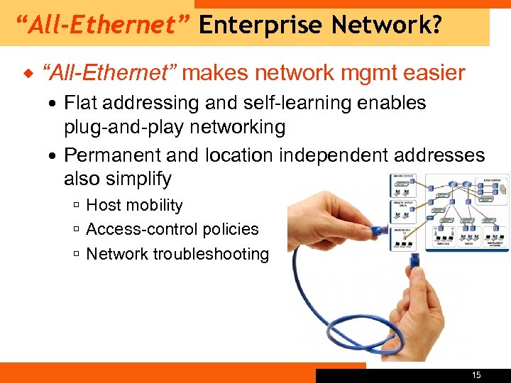 “All-Ethernet” Enterprise Network? ® “All-Ethernet” makes network mgmt easier Flat addressing and self-learning enables