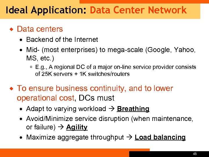 Ideal Application: Data Center Network ® Data centers Backend of the Internet Mid- (most