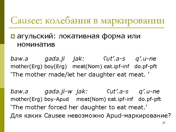 Causee: колебания в маркировании p агульский: локативная форма или номинатив baw. a gada. ji