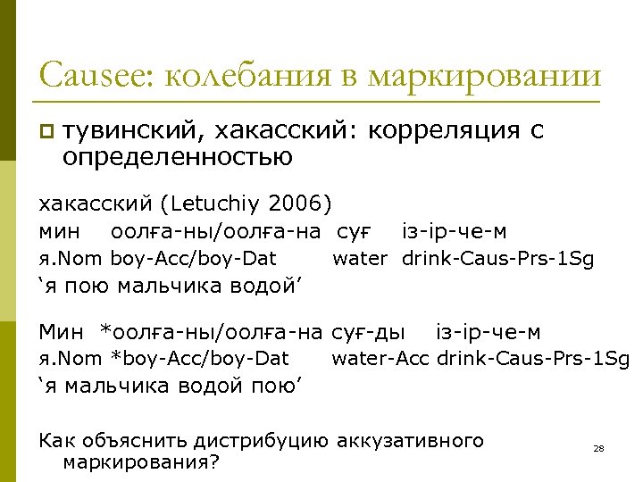 Causee: колебания в маркировании p тувинский, хакасский: корреляция с определенностью хакасский (Letuchiy 2006) мин