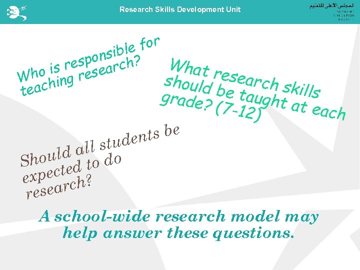 Research Skills Development Unit r le fo onsib h? What resp earc is Who