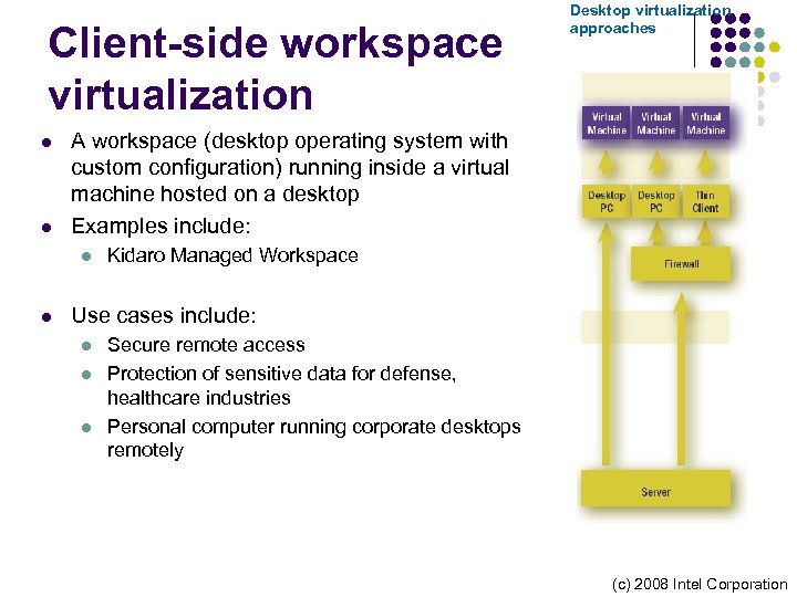 Client-side workspace virtualization l l A workspace (desktop operating system with custom configuration) running
