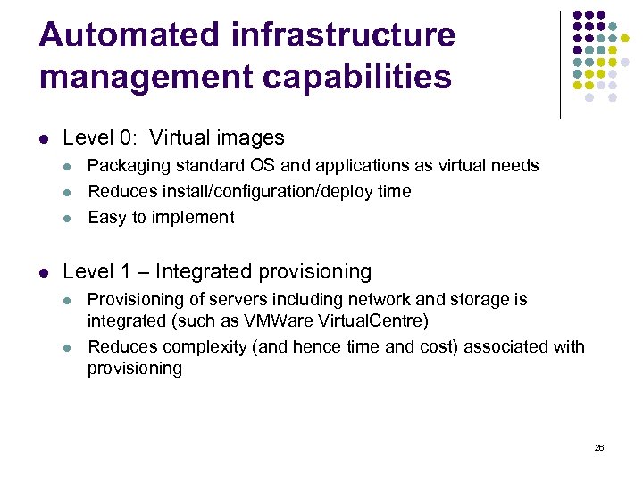 Automated infrastructure management capabilities l Level 0: Virtual images l l Packaging standard OS