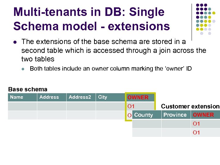 Multi-tenants in DB: Single Schema model - extensions l The extensions of the base