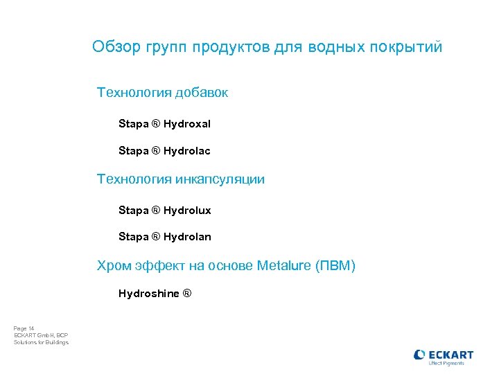 Обзор групп продуктов для водных покрытий Технология добавок Stapa ® Hydroxal Stapa ® Hydrolac