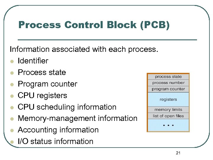 Process Control Block (PCB) Information associated with each process. l Identifier l Process state