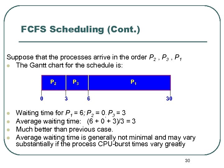 FCFS Scheduling (Cont. ) Suppose that the processes arrive in the order P 2