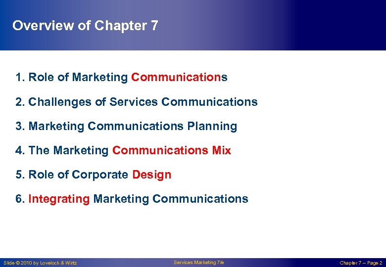 Overview of Chapter 7 1. Role of Marketing Communications 2. Challenges of Services Communications