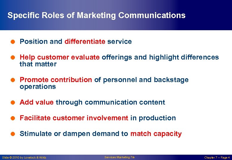 Specific Roles of Marketing Communications = Position and differentiate service = Help customer evaluate