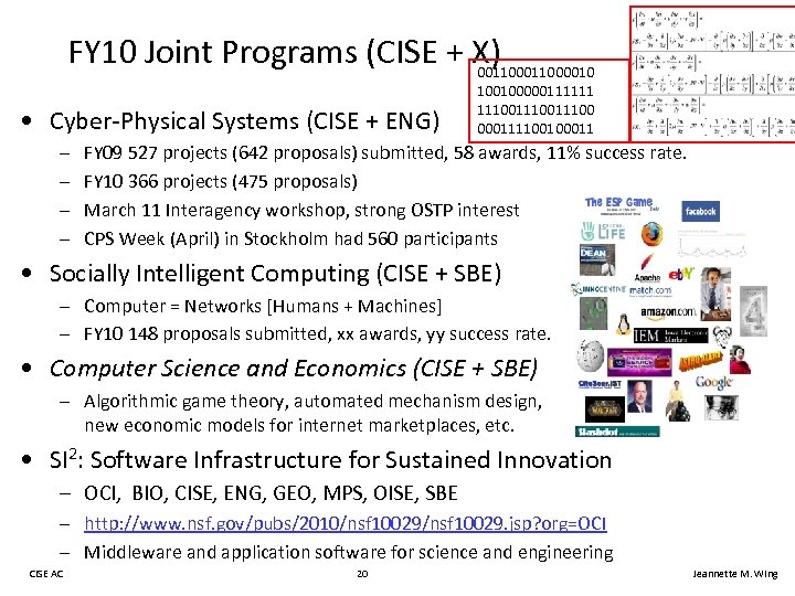 FY 10 Joint Programs (CISE + X) 0011000010 • Cyber-Physical Systems (CISE + ENG)