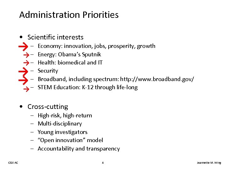 Administration Priorities • Scientific interests →– – → →– →– →– – → Economy: