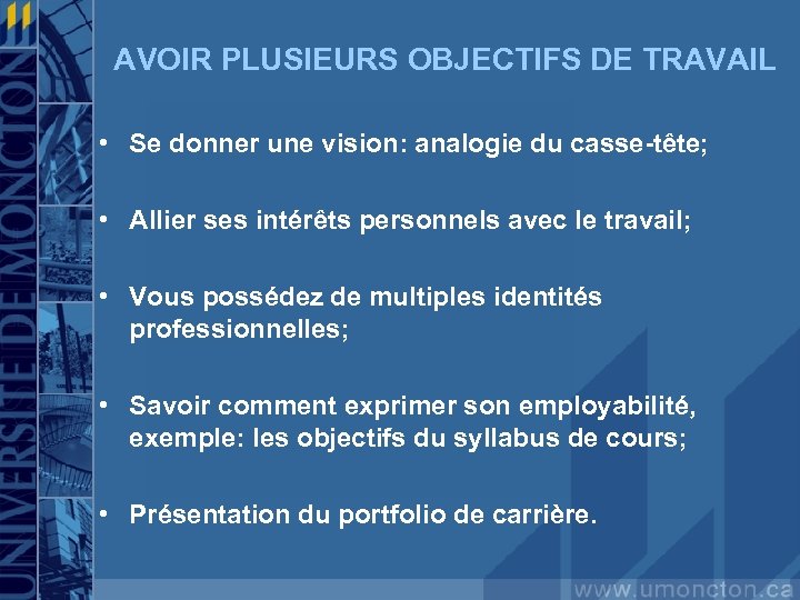 AVOIR PLUSIEURS OBJECTIFS DE TRAVAIL • Se donner une vision: analogie du casse-tête; •