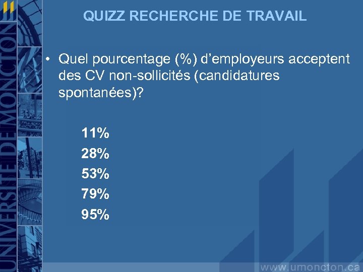 QUIZZ RECHERCHE DE TRAVAIL • Quel pourcentage (%) d’employeurs acceptent des CV non-sollicités (candidatures