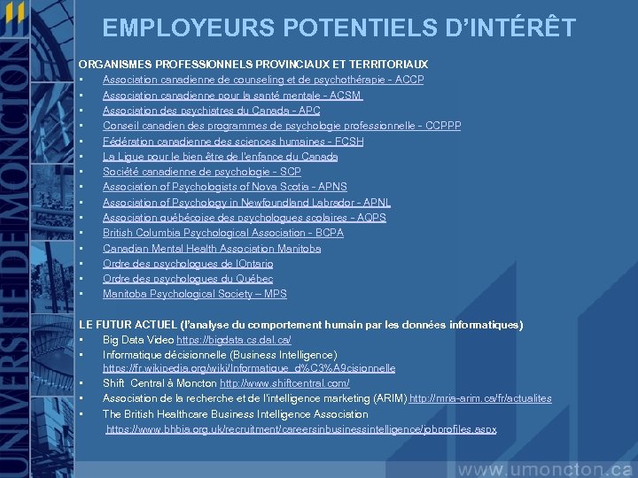 EMPLOYEURS POTENTIELS D’INTÉRÊT ORGANISMES PROFESSIONNELS PROVINCIAUX ET TERRITORIAUX • Association canadienne de counseling et