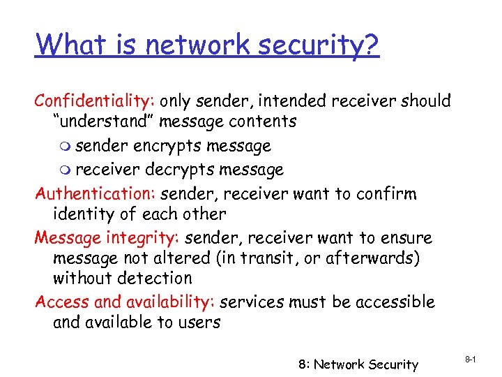 What is network security? Confidentiality: only sender, intended receiver should “understand” message contents m