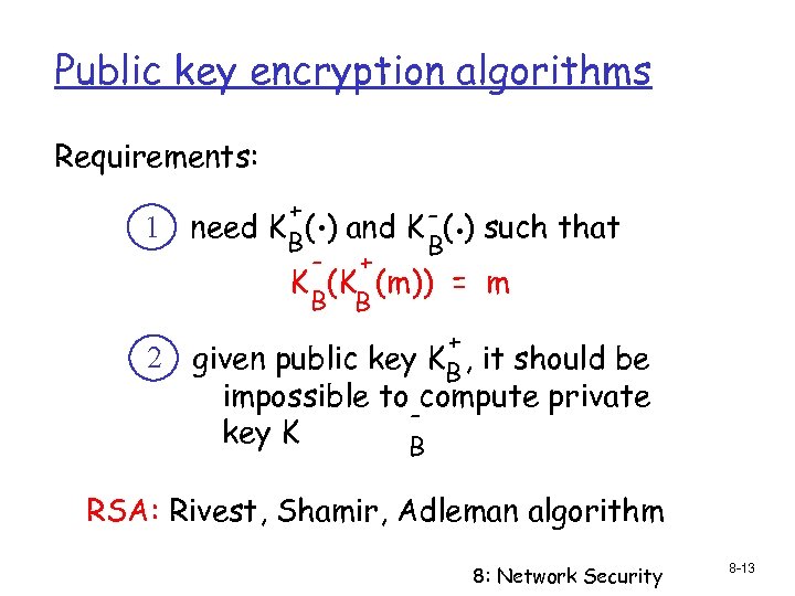 Public key encryption algorithms Requirements: 1 2 . . + need K B( )