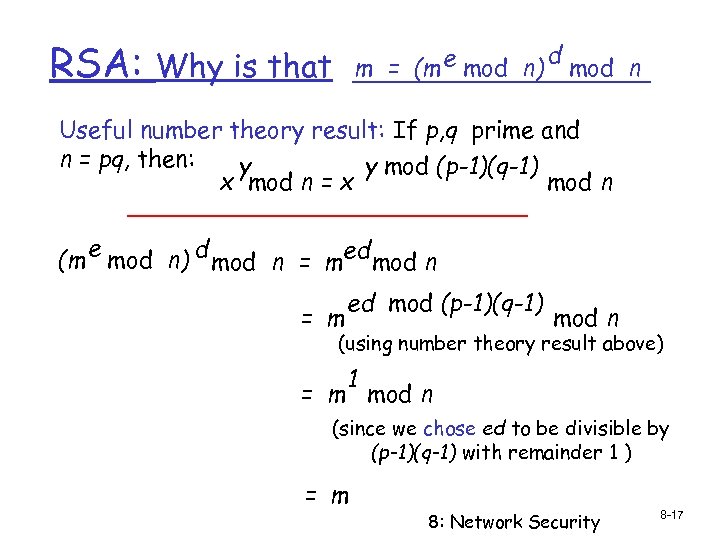 RSA: m = (m e mod n) Why is that d mod n Useful