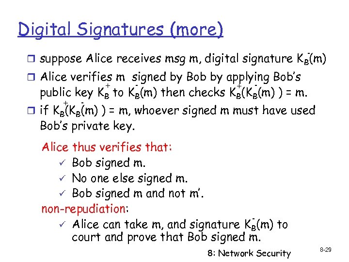 Digital Signatures (more) - r suppose Alice receives msg m, digital signature K B(m)