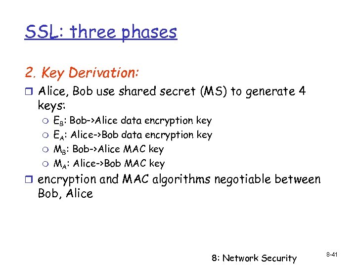 SSL: three phases 2. Key Derivation: r Alice, Bob use shared secret (MS) to