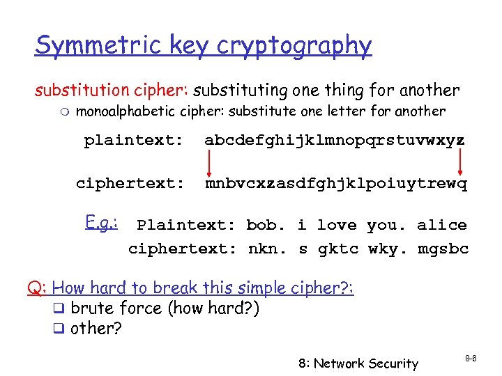 Symmetric key cryptography substitution cipher: substituting one thing for another m monoalphabetic cipher: substitute