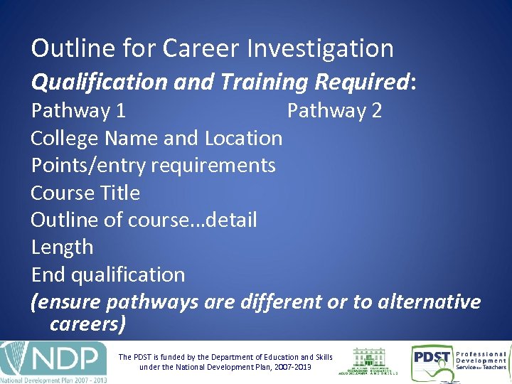 Outline for Career Investigation Qualification and Training Required: Pathway 1 Pathway 2 College Name