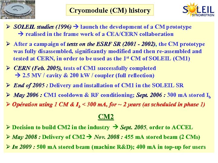 Cryomodule (CM) history Ø SOLEIL studies (1996) launch the development of a CM prototype