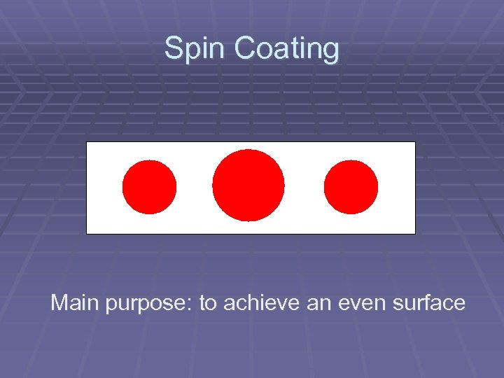 Spin Coating Main purpose: to achieve an even surface 