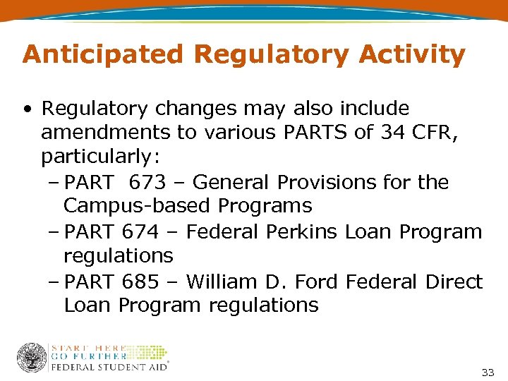Anticipated Regulatory Activity • Regulatory changes may also include amendments to various PARTS of