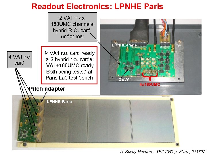 Readout Electronics: LPNHE Paris 2 VA 1 + 4 x 180 UMC channels: hybrid