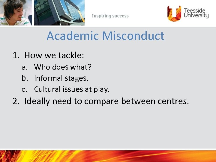 Academic Misconduct 1. How we tackle: a. Who does what? b. Informal stages. c.