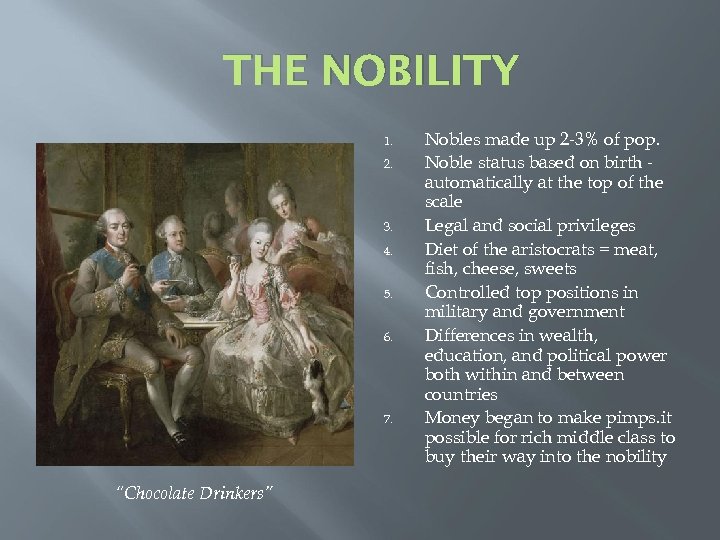 THE NOBILITY 1. 2. 3. 4. 5. 6. 7. “Chocolate Drinkers” Nobles made up