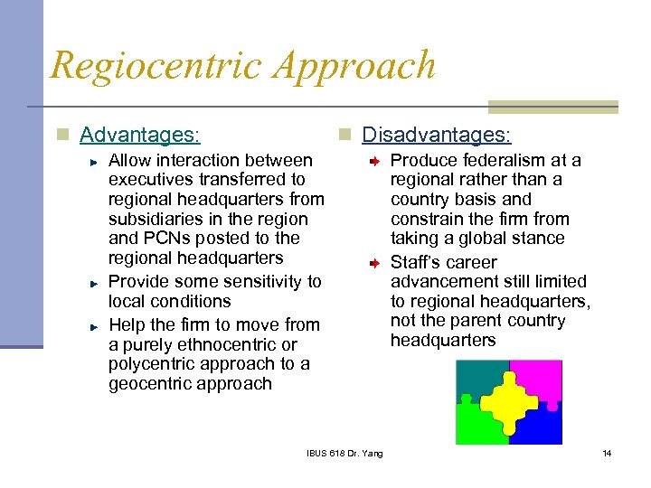 Regiocentric Approach n Advantages: n Disadvantages: Allow interaction between executives transferred to regional headquarters