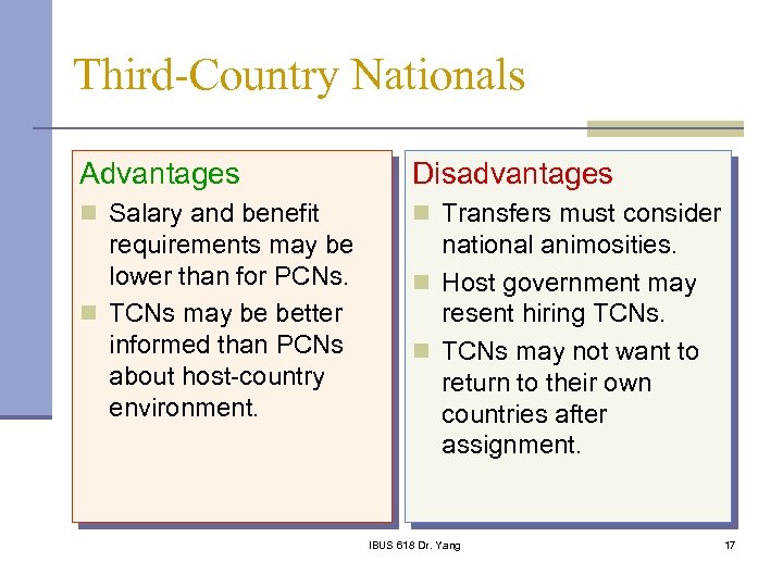 Third-Country Nationals Advantages Disadvantages n Salary and benefit n Transfers must consider requirements may