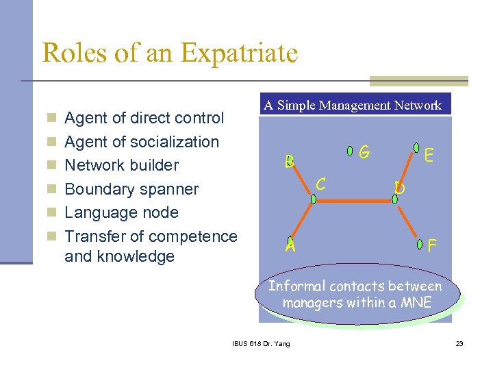 Roles of an Expatriate A Simple Management Network n Agent of direct control n