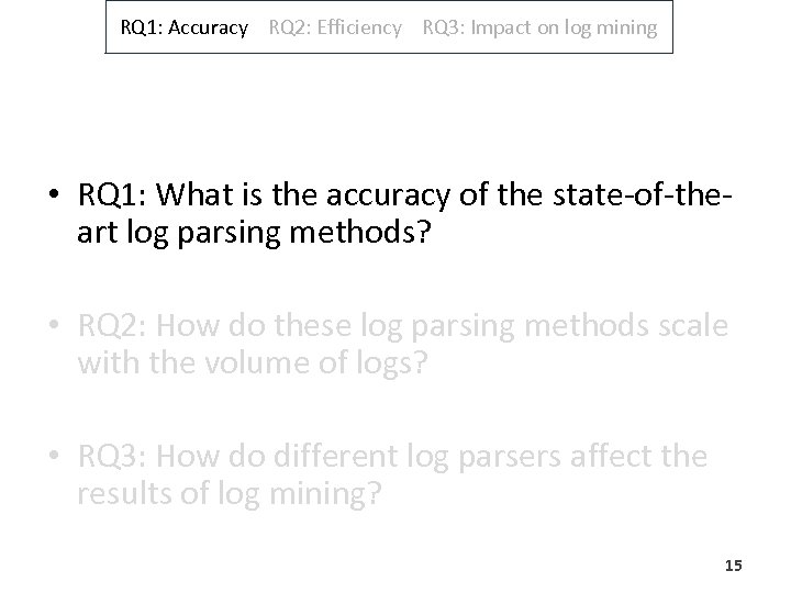 RQ 1: Accuracy RQ 2: Efficiency RQ 3: Impact on log mining • RQ