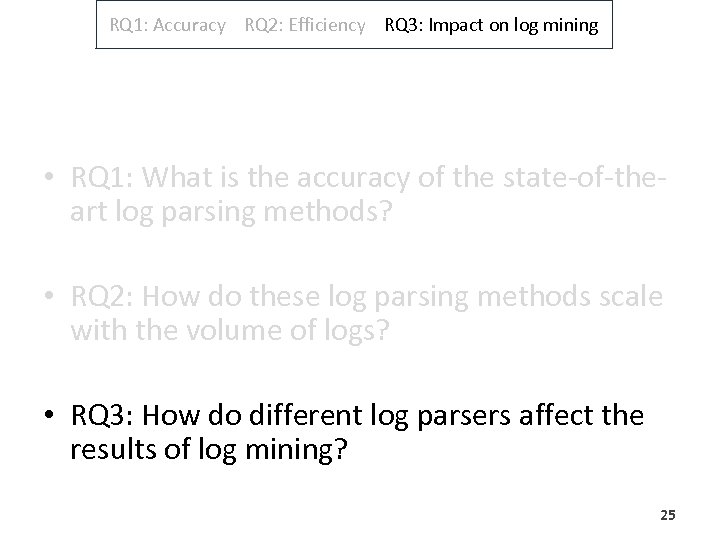 RQ 1: Accuracy RQ 2: Efficiency RQ 3: Impact on log mining • RQ