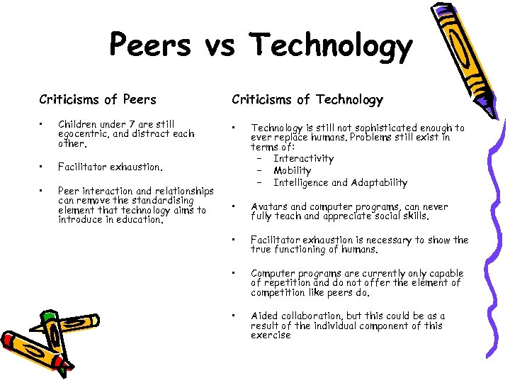 Peers vs Technology Criticisms of Peers Criticisms of Technology • Children under 7 are