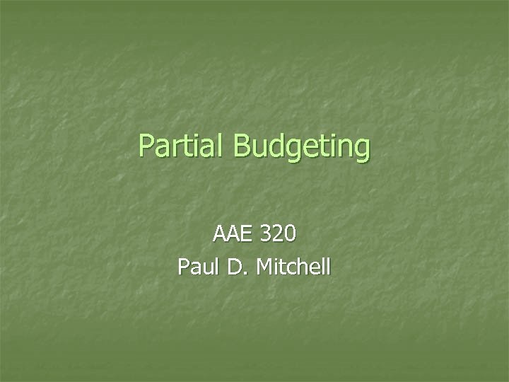 Partial Budgeting AAE 320 Paul D. Mitchell 