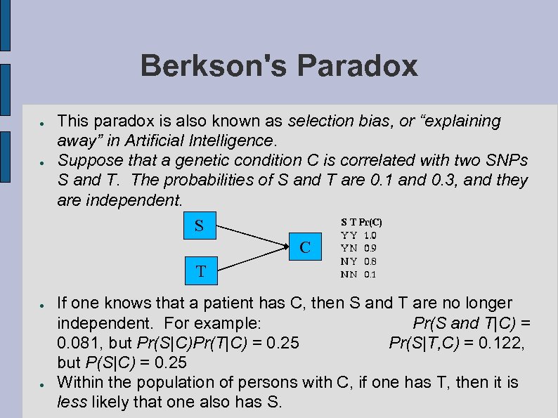 Berkson's Paradox ● ● This paradox is also known as selection bias, or “explaining