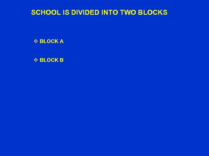 SCHOOL IS DIVIDED INTO TWO BLOCKS v BLOCK A v BLOCK B 