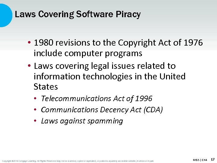 Laws Covering Software Piracy • 1980 revisions to the Copyright Act of 1976 include