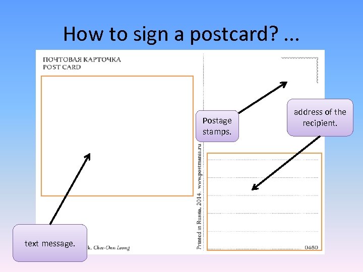 How to sign a postcard? . . . Postage stamps. text message. address of