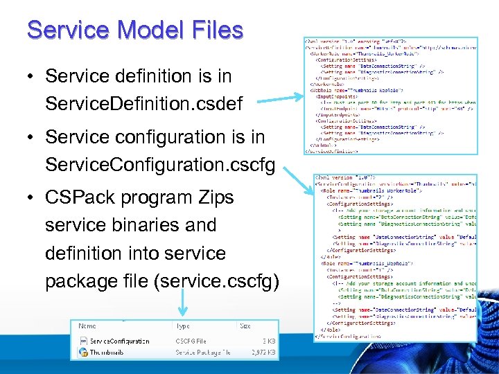 Service Model Files • Service definition is in Service. Definition. csdef • Service configuration