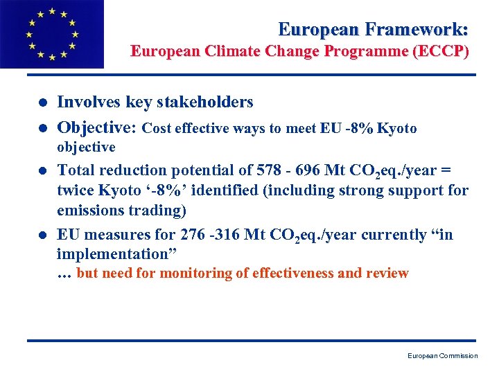 European Framework: European Climate Change Programme (ECCP) l l Involves key stakeholders Objective: Cost