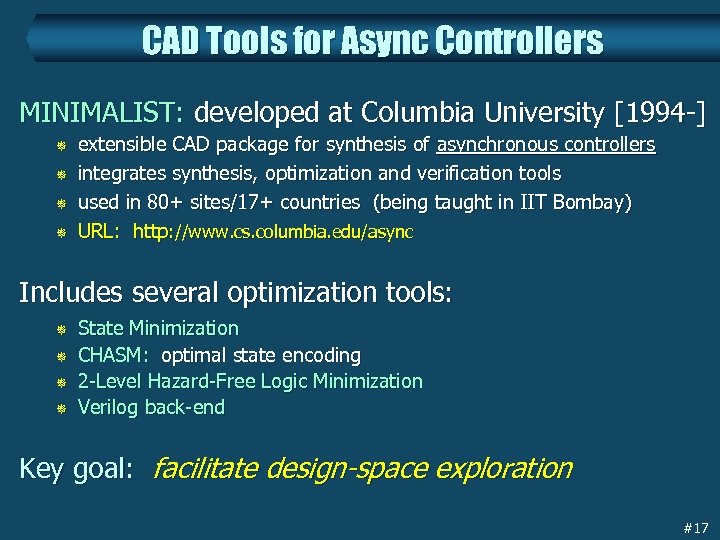 CAD Tools for Async Controllers MINIMALIST: developed at Columbia University [1994 -] ¯ ¯