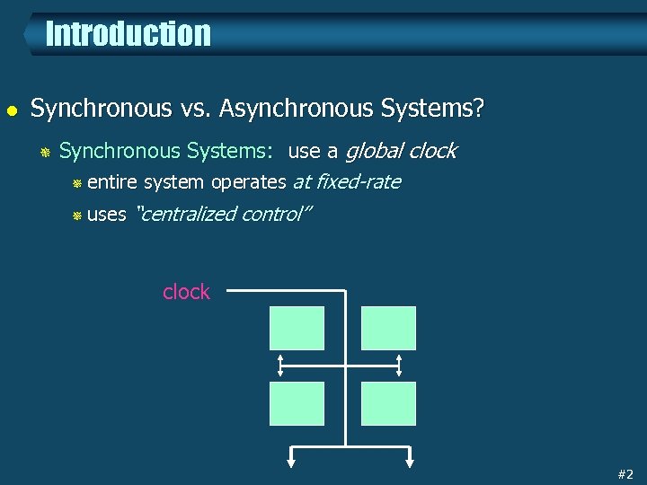 Introduction l Synchronous vs. Asynchronous Systems? ¯ Synchronous Systems: use a global clock ¯