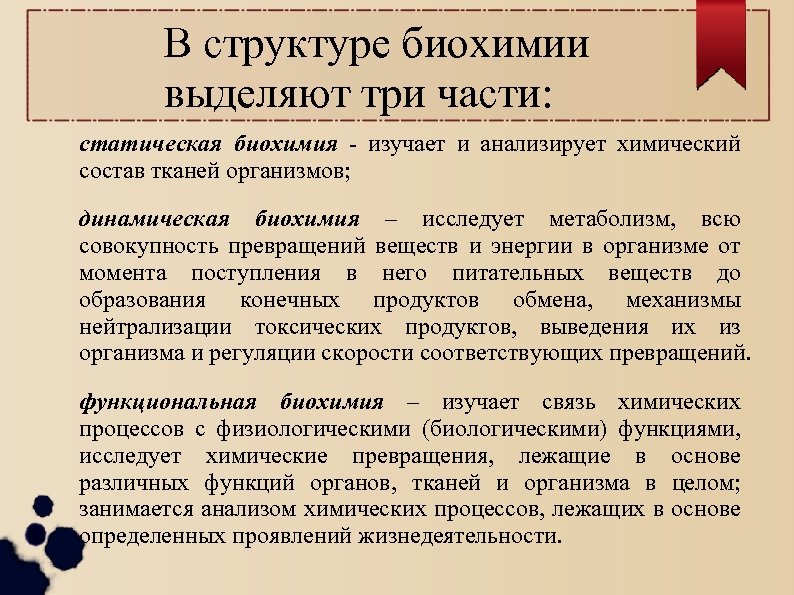В структуре биохимии выделяют три части: статическая биохимия - изучает и анализирует химический состав